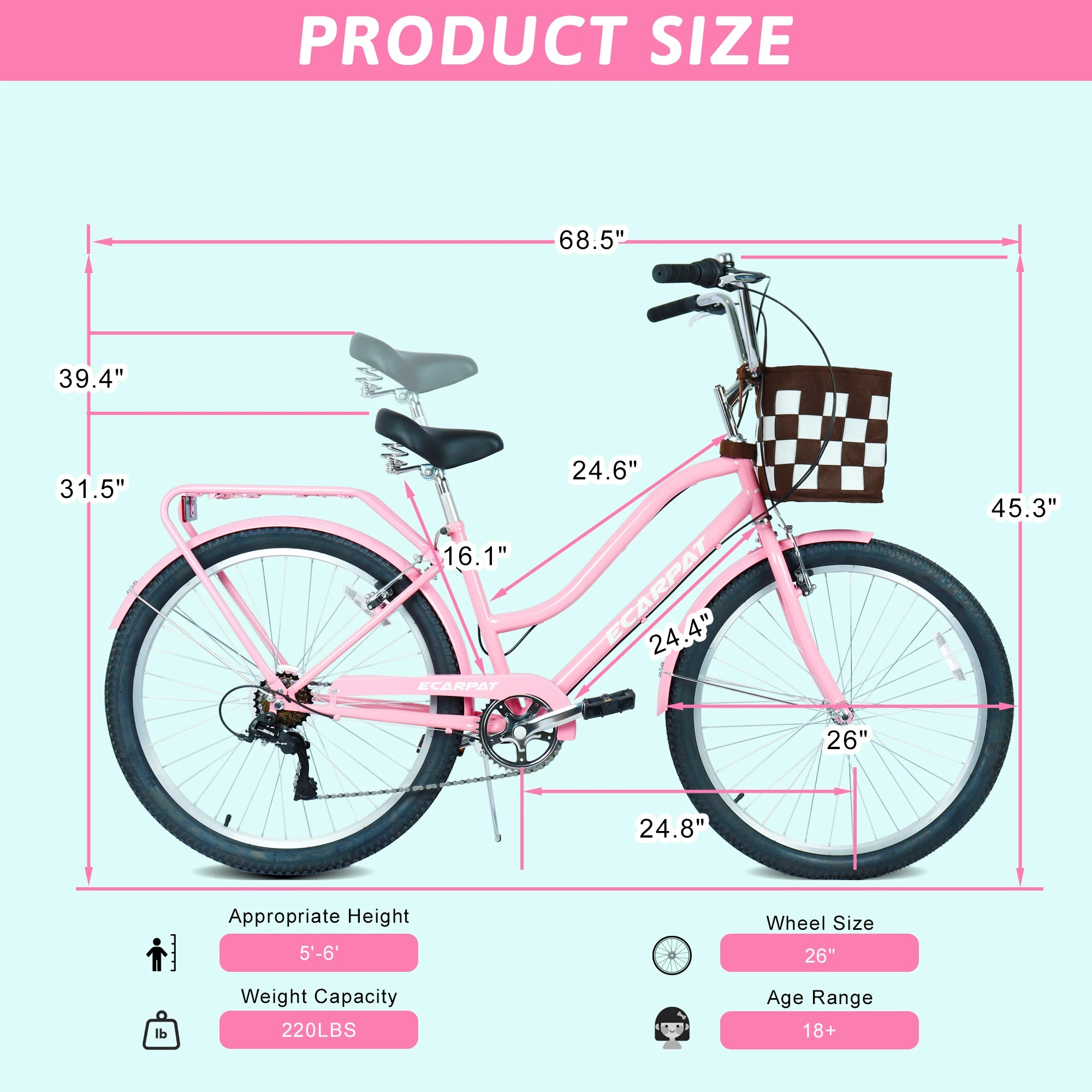 26 Inch Beach Cruiser Bike for Women, 7 Speed Commuter Bicycle with Rear Rack and Basket, Steel Frame Comfortable City Bike with Dual V-Brakes for Adults