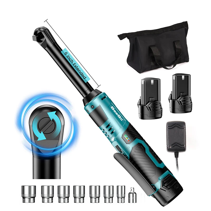 6" Extended Ratchet Wrench 3/8"Cordless Electric Wrench 55Nm 12V Rechargeable