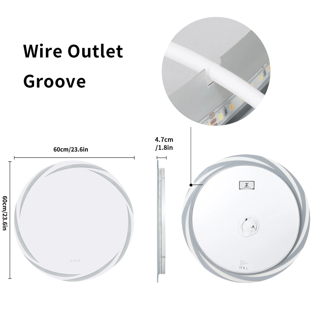 60/80CM LED Bathroom Mirror Circle Backlit HD Wall Antifog Vanity Mirror Shatterproof 3 Colors Lights Dimmable