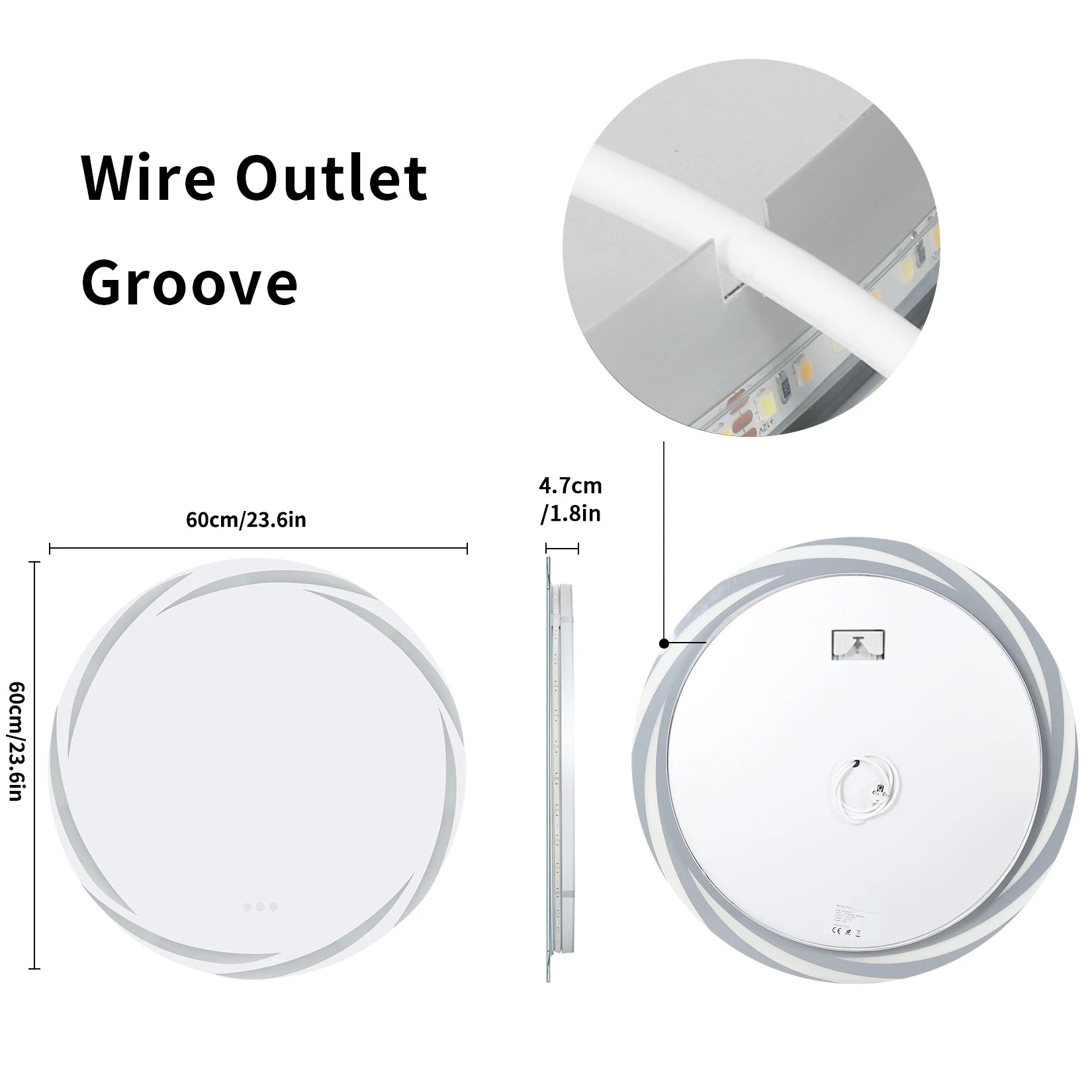 60/80CM LED Bathroom Mirror Circle Backlit HD Wall Antifog Vanity Mirror Shatterproof 3 Colors Lights Dimmable
