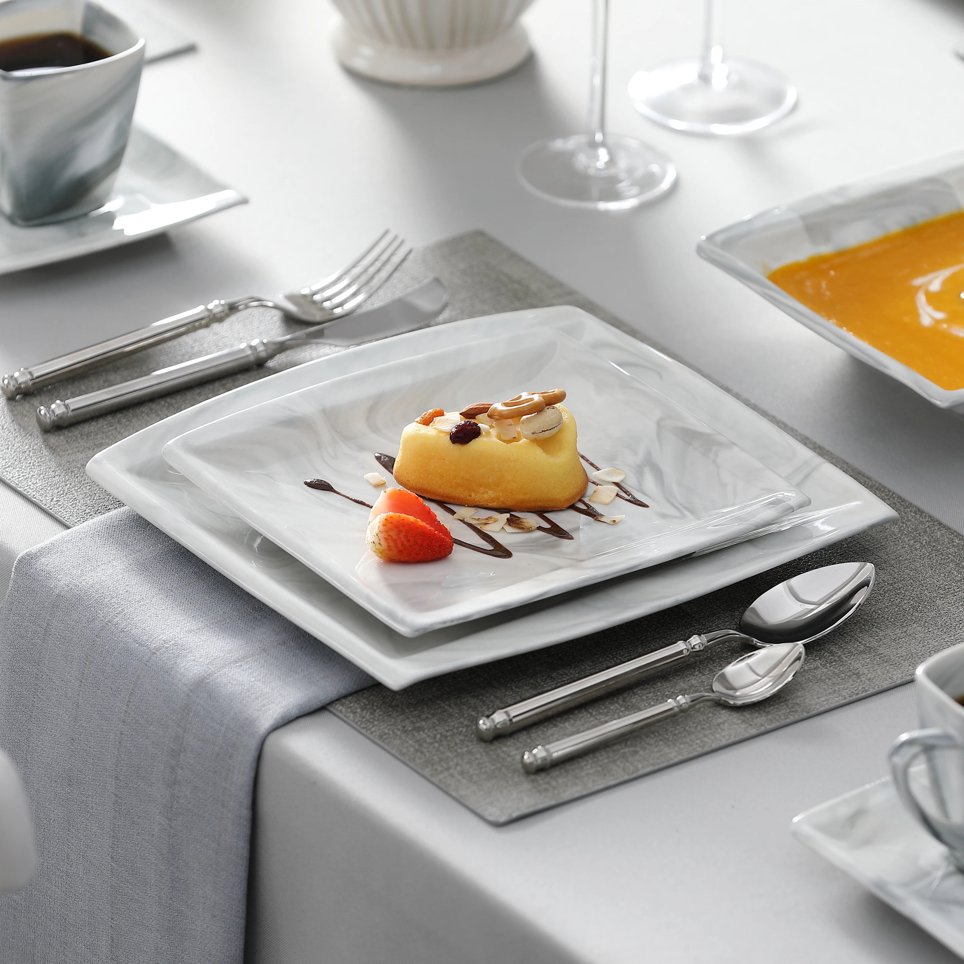 30/60PCS Marble Grey Porcelain Tableware Dinnerware Set with 6PCS Dessert/Soup/Dinner Plate/Cup/Saucer, Service for 12