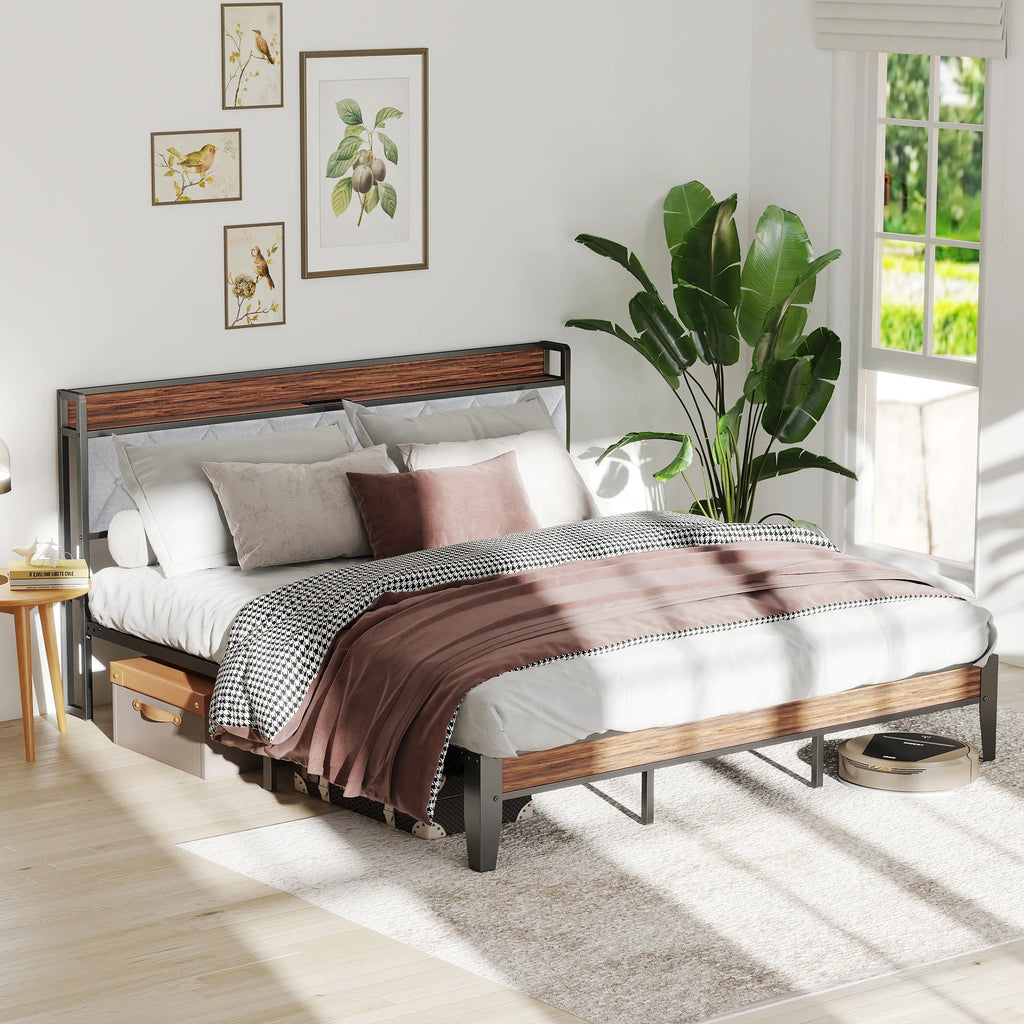 Heavy Duty Metal Bed Frame with Headboard Charging Station 1100lbs Capacity Easy Assembly For Bedroom