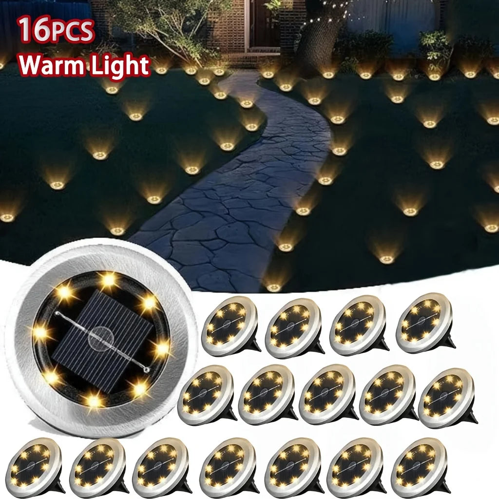 16/24 Sets Of 8-LED Outdoor Solar Small-sized Stainless Steel Floor Lamps, IP44 Waterproof, Solar Garden Lights, LED Landscape Lights, Suitable for Lawns, Courtyards, Decks, Terraces, Walkways, And Walkway Lighting (cold Whit