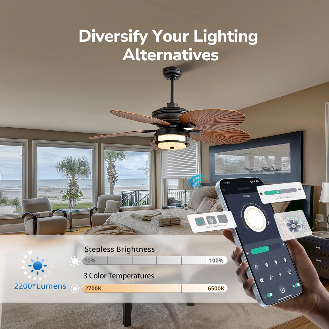 52'' Outdoor Ceiling Fan with Lights, Tropical Palm Leaf Fan, Wet Rated for Patio, Porch & Gazebo, Dimmable LED, 6-Speed,