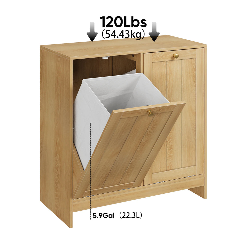 Tilted Laundry Hamper with 2 Removable Baskets, Free-Standing with Anti-Tip Kit, Oak