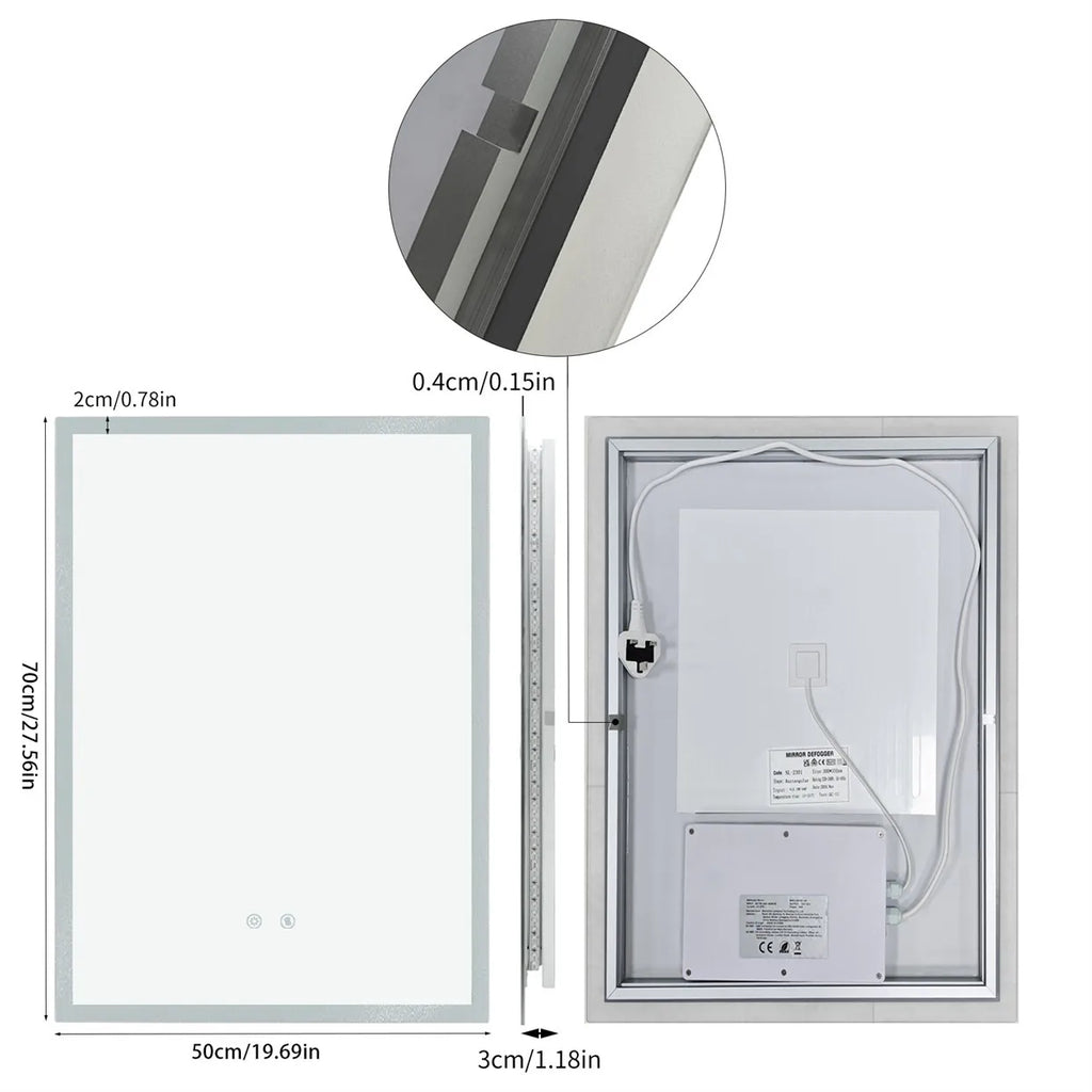 Wall Mirror w Anti-fog, Dual buttons, Memory, Tri-color light, Touch Dimmable