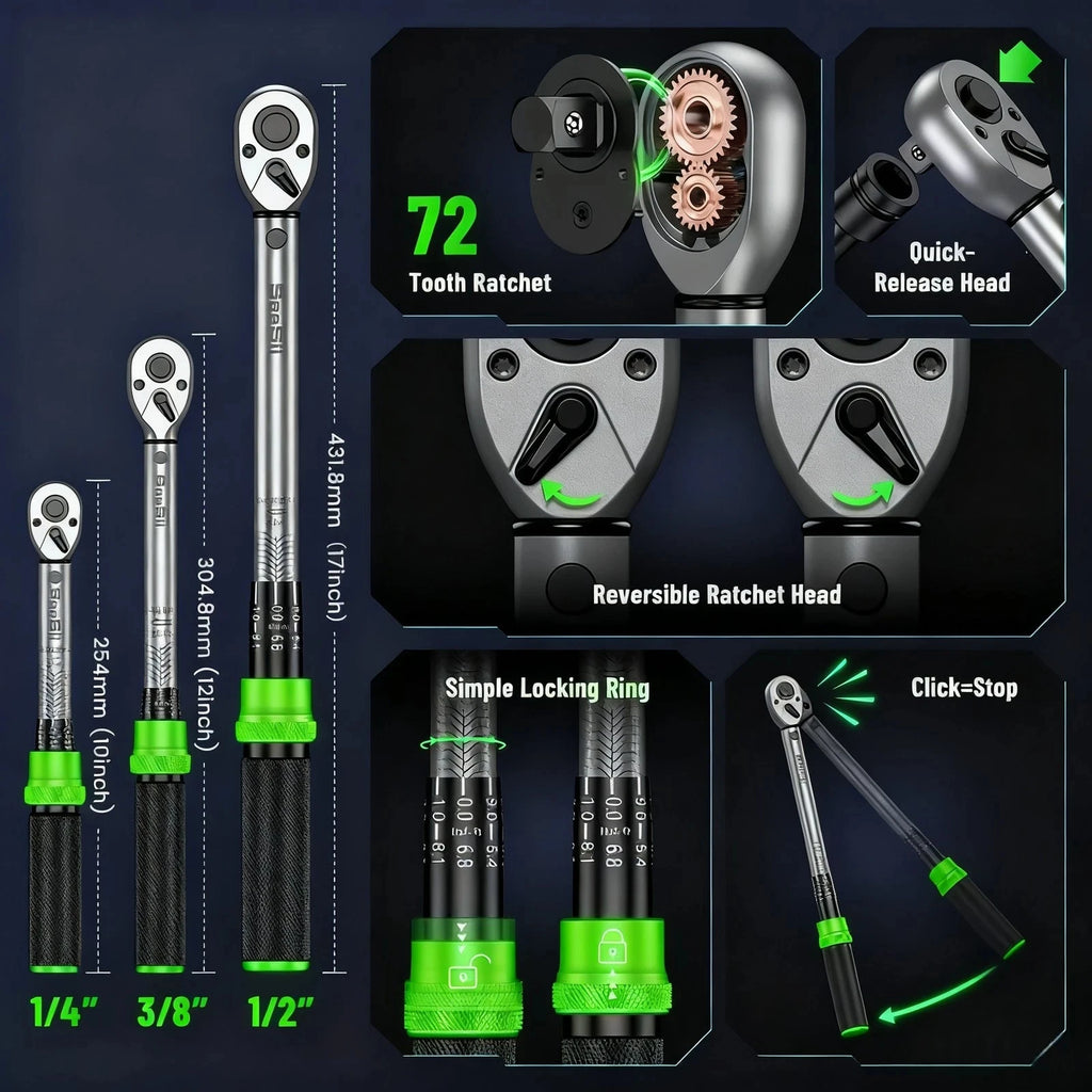 3pcs Torque Wrench Set 1/4 & 3/8 & 1/2-Inch 72 Teeth Dual-Scales ±3% Accuracy Click Torque Wrenches