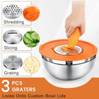 5-piece stainless steel mixing bowl set with 3 grater attachments, suitable for baking and serving food