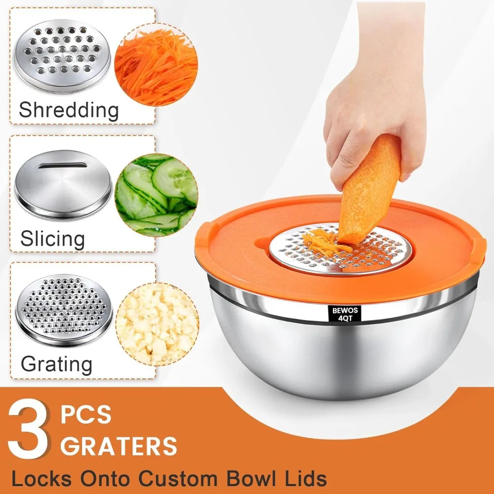 5-piece stainless steel mixing bowl set with 3 grater attachments, suitable for baking and serving food