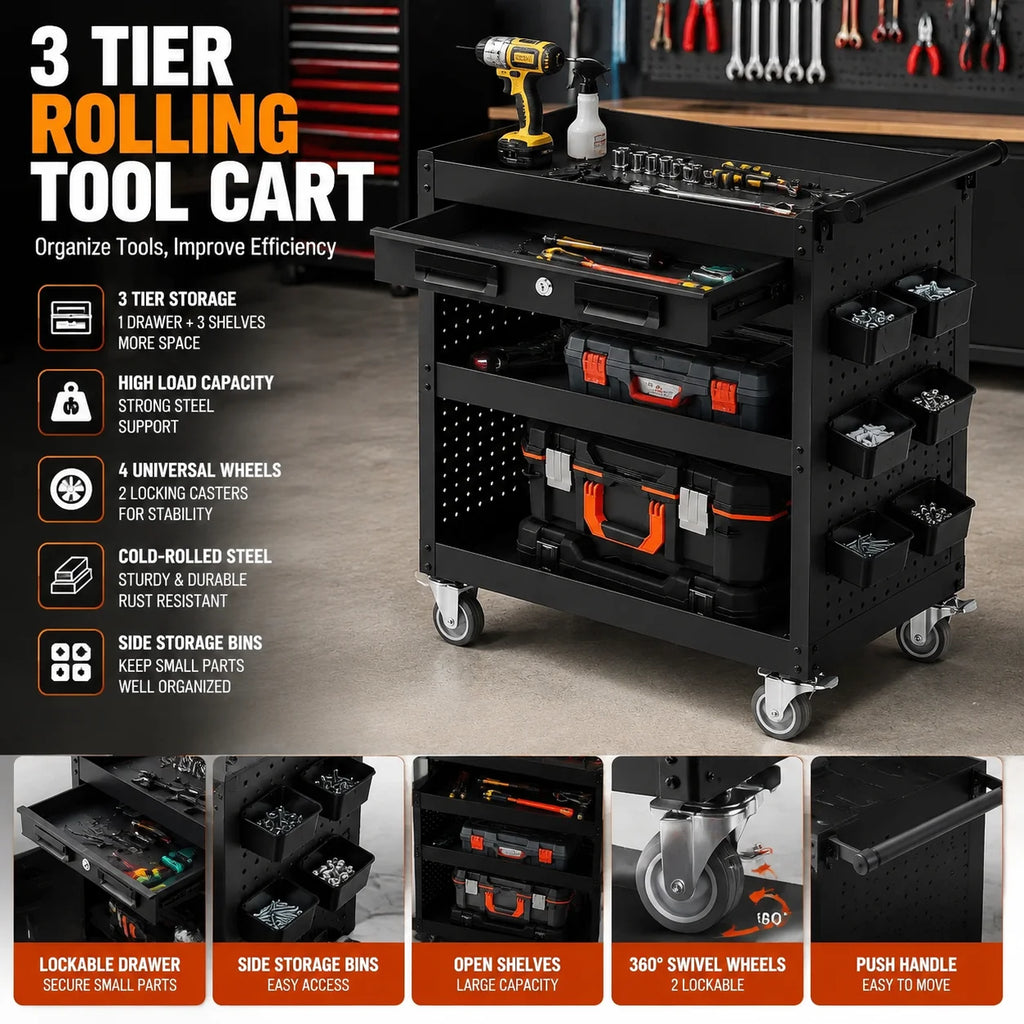 27 Inch Rolling Tool Cart, 3 Tier Steel Utility Cabinet with Drawer, Mobile Storage Organizer with Locking Casters for Garage Workshop Office, Black