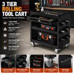 27 Inch Rolling Tool Cart, 3 Tier Steel Utility Cabinet with Drawer, Mobile Storage Organizer with Locking Casters for Garage Workshop Office, Black