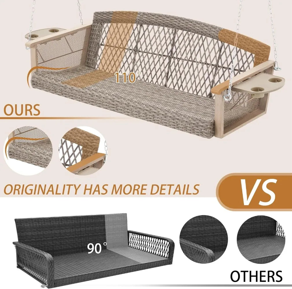 3-Person Wicker Porch Swing with Upgraded Cup Holder, 900lbs Capacity