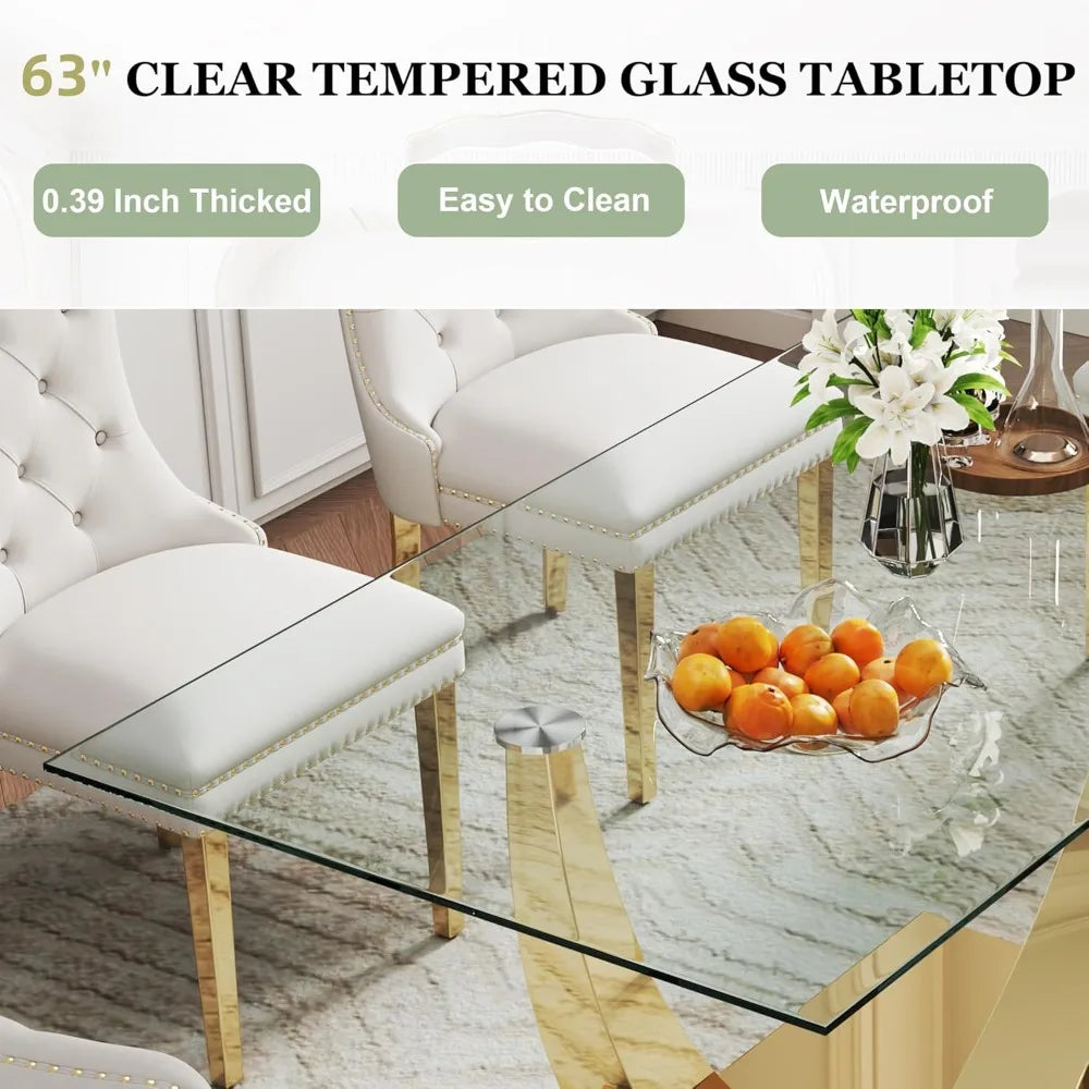 63" Gold Rectangular Glass Kitchen Table with 6 Beige High Back Chairs