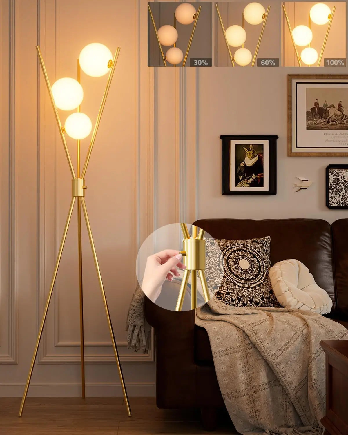 Dimmable Tripod Floor Lamp with 3 Bulbs