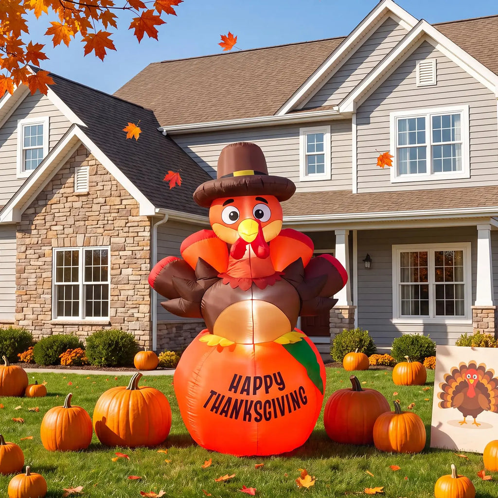 6ft Thanksgiving Pumpkin Turkey Inflatable Yard Decor With 7 Led Lights, Blower, Stakes & Ropes For Lawn Porch Garden Party Home