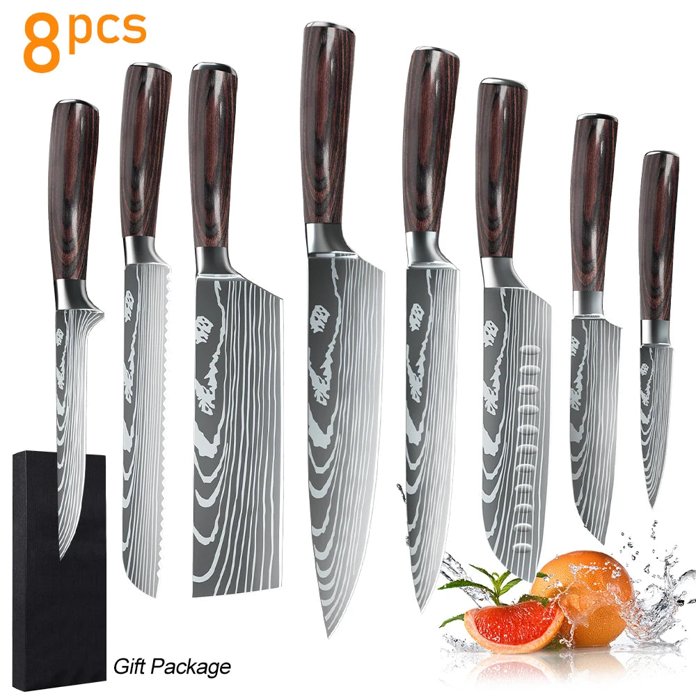 8/10pcs Kitchen Knives Set, Laser Damascus Pattern