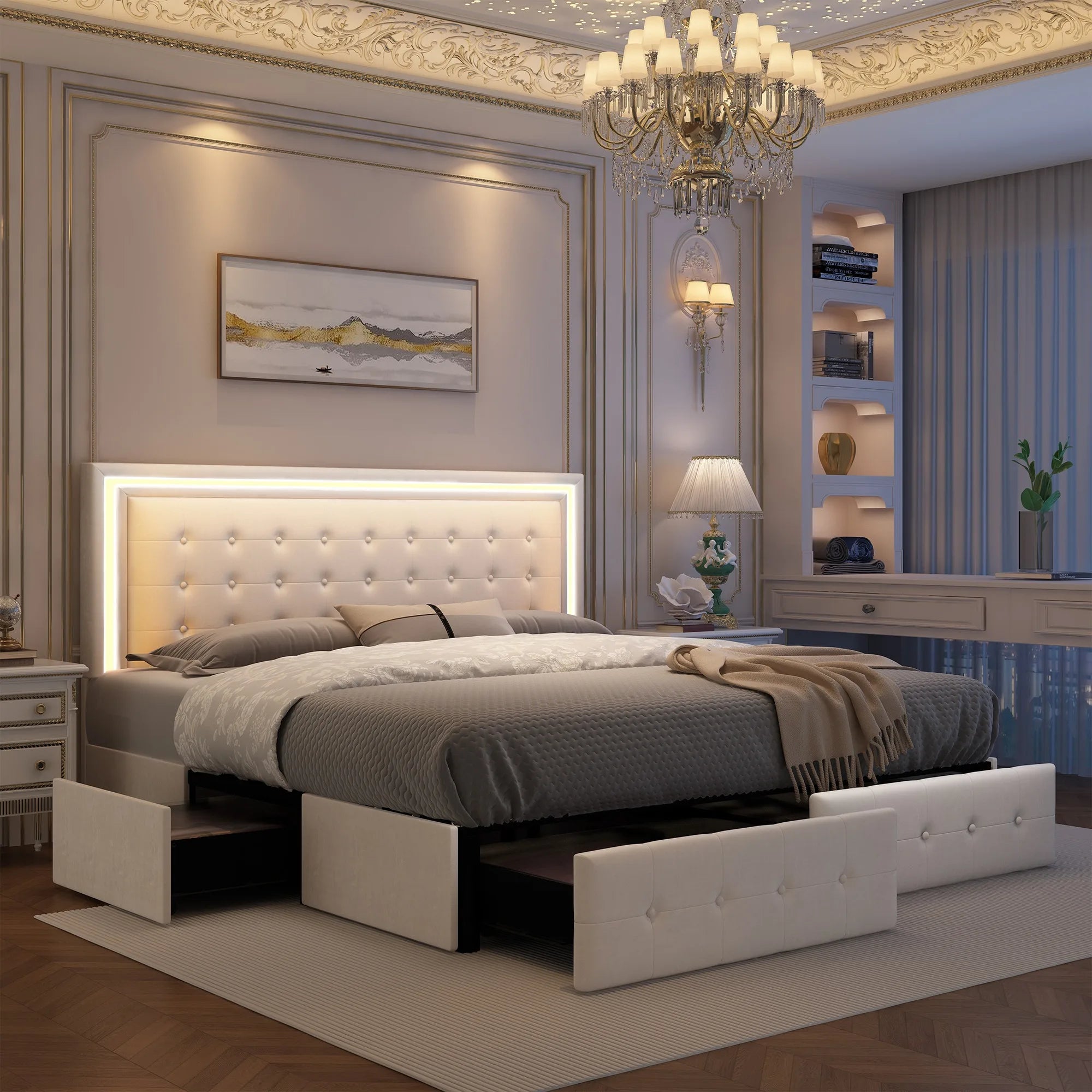 Queen LED Bed Frame with 4 Storage Drawers, RGBW Headboard, PU Upholstered, No Box Spring Needed, 900 lbs Support