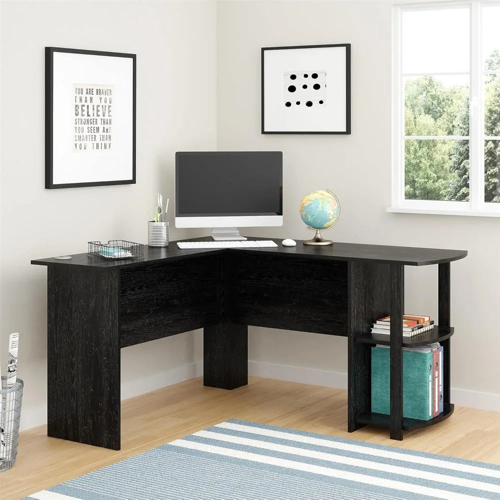 Modern Black Oak L-Shaped Desk with Bookshelves, Easy Assembly for Home Office