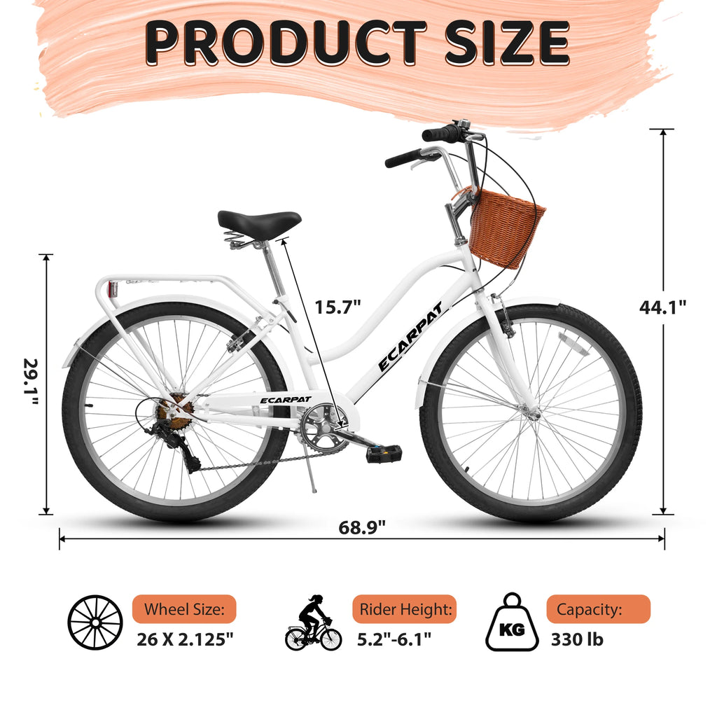 26 Inch Beach Cruiser Bike for Women, 7 Speed Commuter Bicycle with Rear Rack and Basket, Steel Frame Comfortable City Bike with Dual V-Brakes for Adults