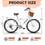 26 Inch Beach Cruiser Bike for Women, 7 Speed Commuter Bicycle with Rear Rack and Basket, Steel Frame Comfortable City Bike with Dual V-Brakes for Adults