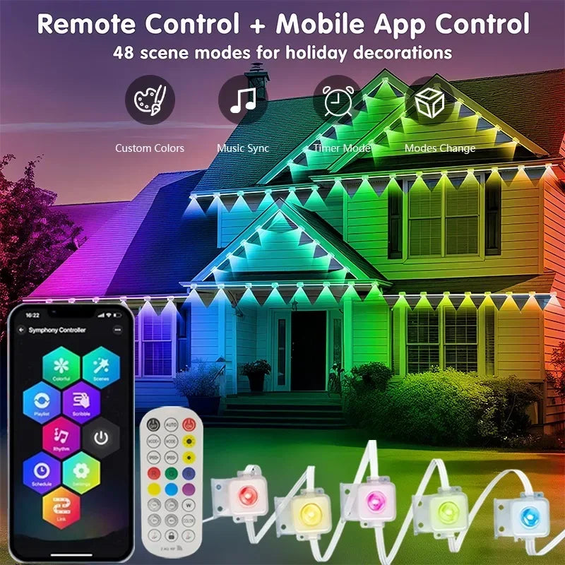 90M Smart Outdoor Eaves LED Lights String Bluetooth Controller, Color Changing with DIY Scene Modes