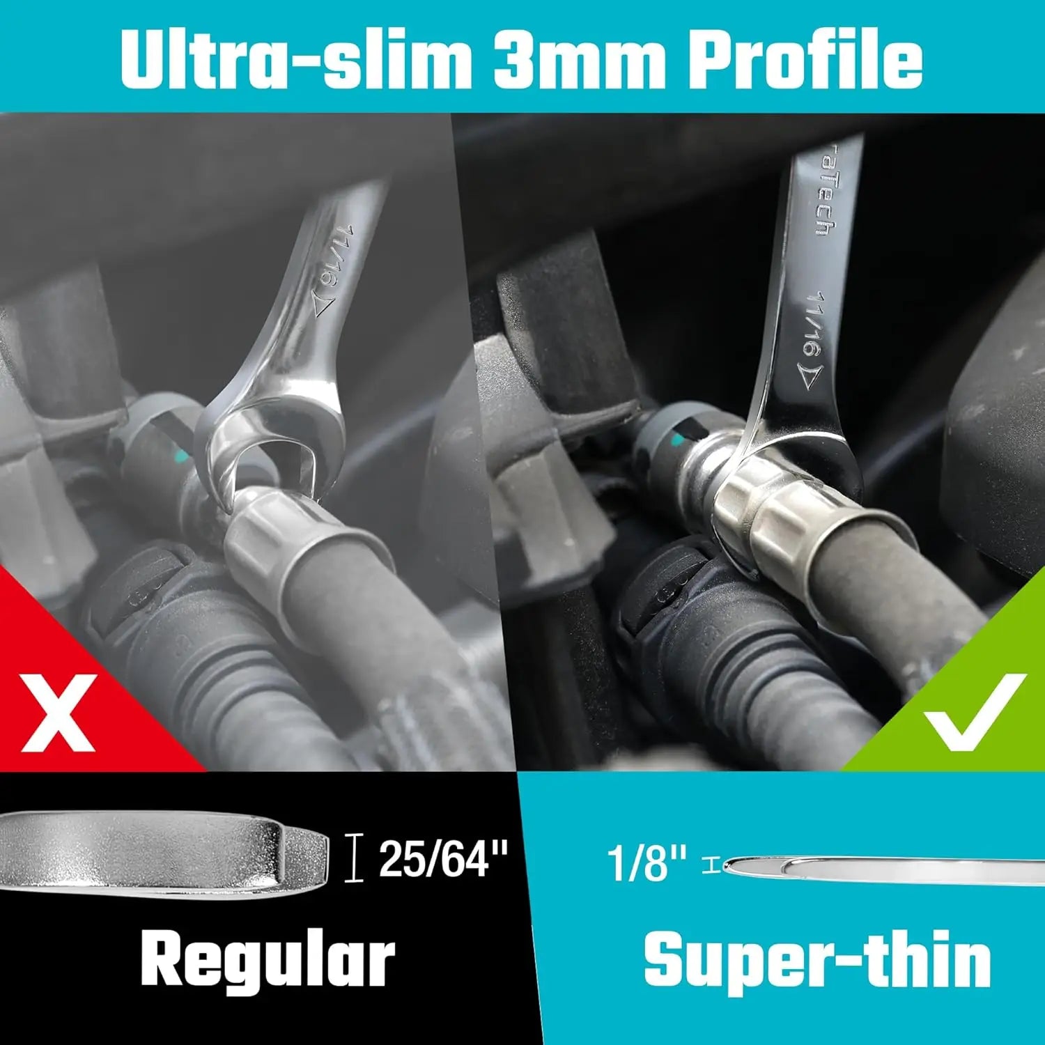 Super-Thin Open End Wrench Set, SAE & Metric, 16-Piece with EVA Tray for Tight Spaces