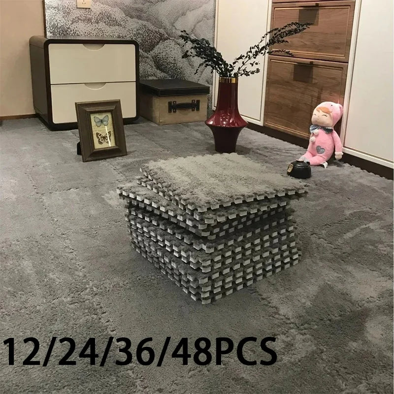 12/24/36/48PCS Grey Interlocking Carpet Shaggy Soft Foam Play Mat  Square Plush Floor Tiles