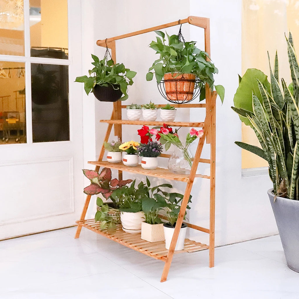 70/100cm Bamboo Plant Stand Folding 3 Tier Flower Pot Display Shelf Indoor Outdoor Ladder Garden Rack