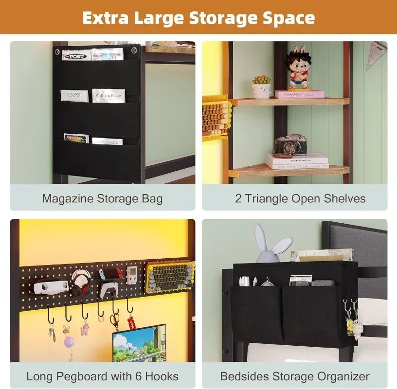 Twin Loft Bed with Desk, Twin Bed Frame with 6 Storage Drawers, 2 Bedside Organizer, 3 Movable Hooks, LED Lights
