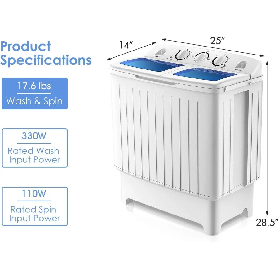 Portable Twin Tub Semi-Automatic Mini Washer and Dryer Combo for Apartment Dorm RV