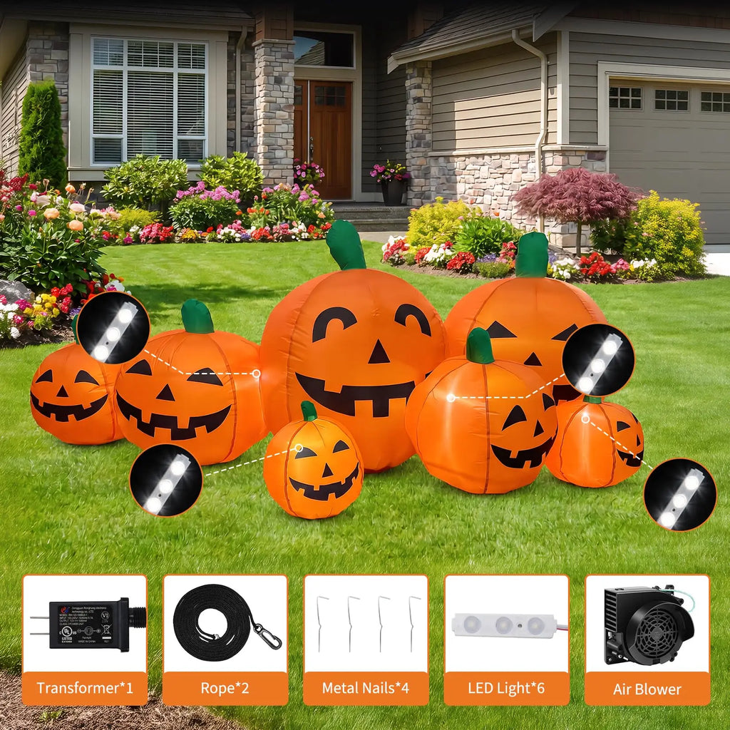 7.5FT Halloween Inflatable Pumpkin Patch With LED Lights, 7 Jack-O-Lantern Blow Up Decor For Outdoor Yard Lawn Thanksgiving Fall
