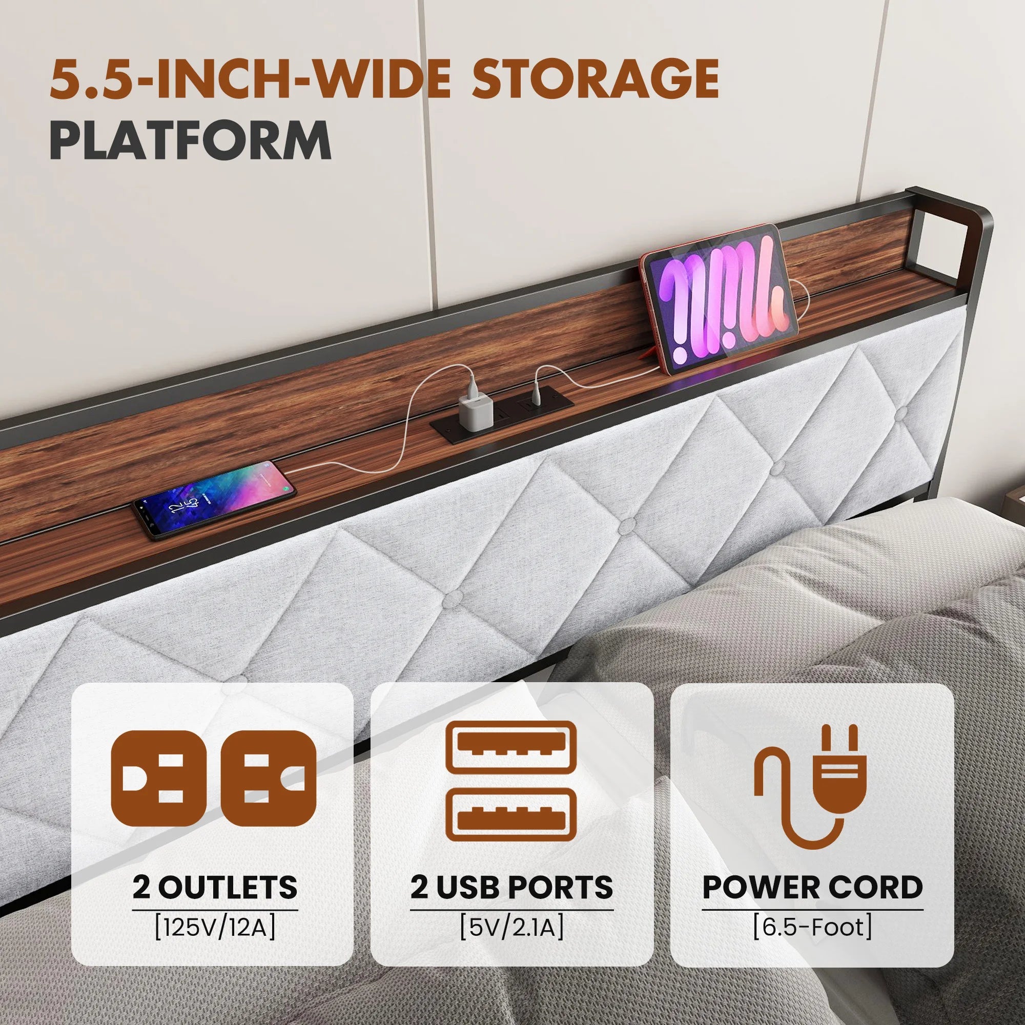 Heavy Duty Metal Bed Frame with Headboard Charging Station 1100lbs Capacity Easy Assembly For Bedroom