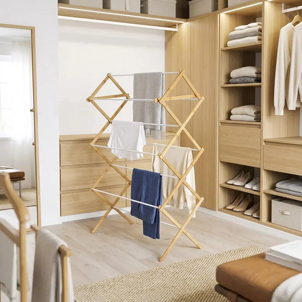Foldable Bamboo Clothes Drying Rack Collapsible Space Saving Indoor Outdoor