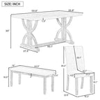 6Piece Farmhouse Dining Table Set, 60 L Rectangular Table, 4 holstered Chairs and Bench