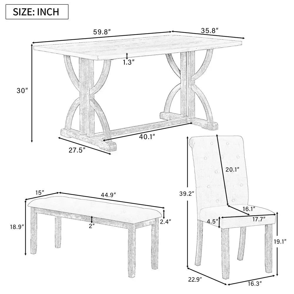 6Piece Farmhouse Dining Table Set, 60 L Rectangular Table, 4 holstered Chairs and Bench