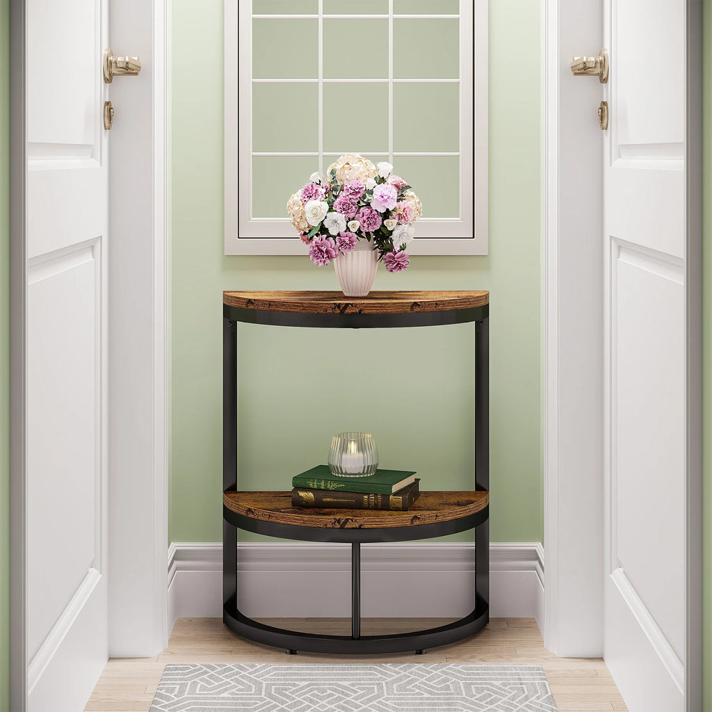 Small Half Round Side Table with Storage Shelf, Accent Table Slim