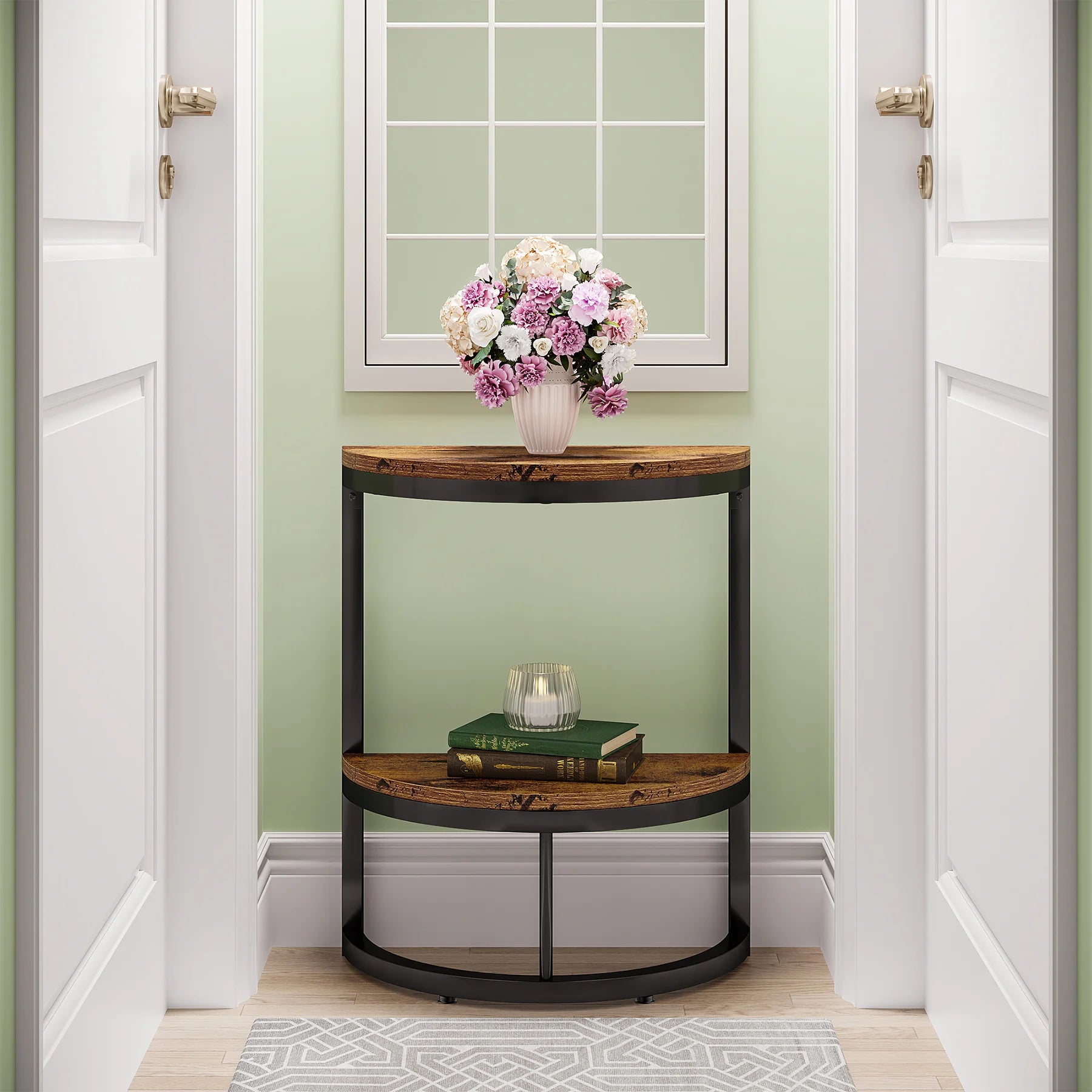 Small Half Round Side Table with Storage Shelf, Accent Table Slim