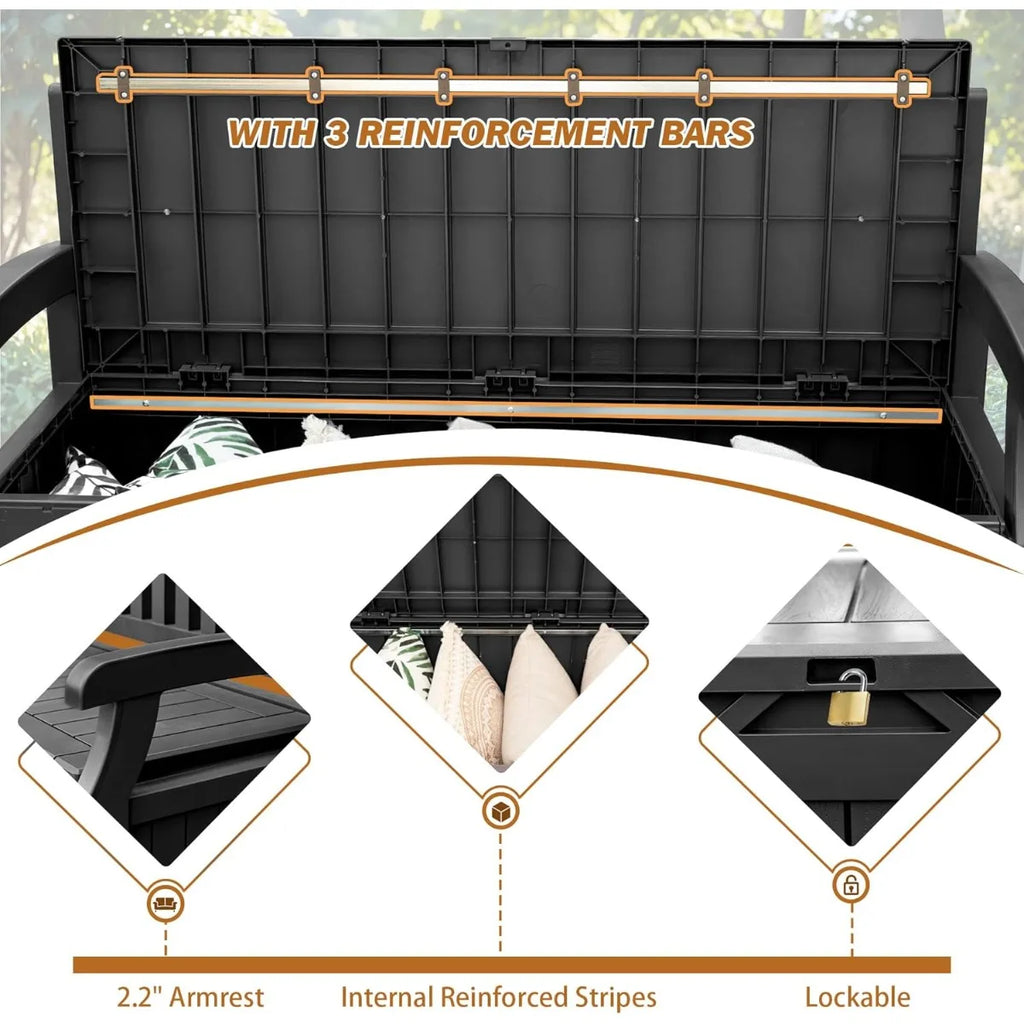 Devoko 80 Gallon Lockable Storage Bench Deck Box, Outdoor Seating & Patio Furniture Storage for Cushions & Garden Tools, Black