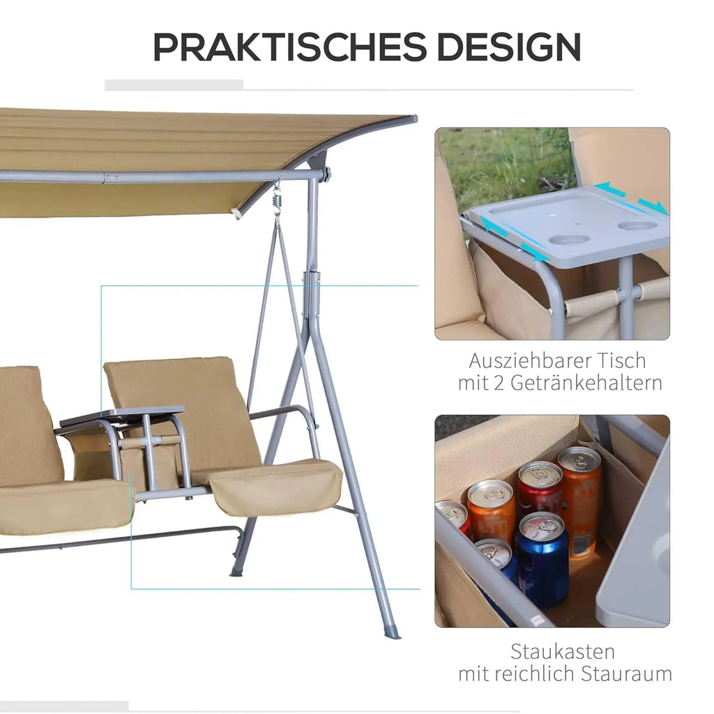 2 Person Outdoor Porch Swing with Stand Canopy, Pivot Storage Table, 2 Cup Holders, Cushions