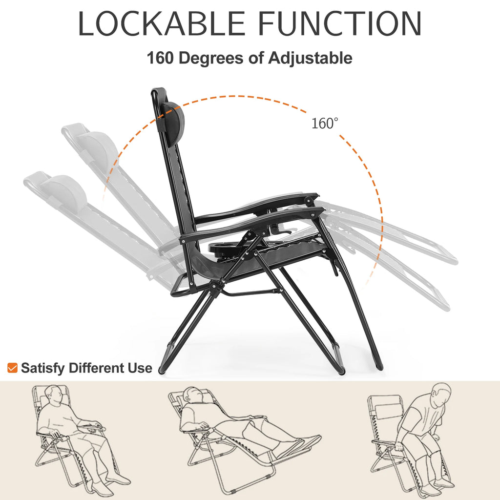 Zero Gravity Portable Recliner Camping Patio Lounge Chair with Cup Holder Trays Adjustable Pillow