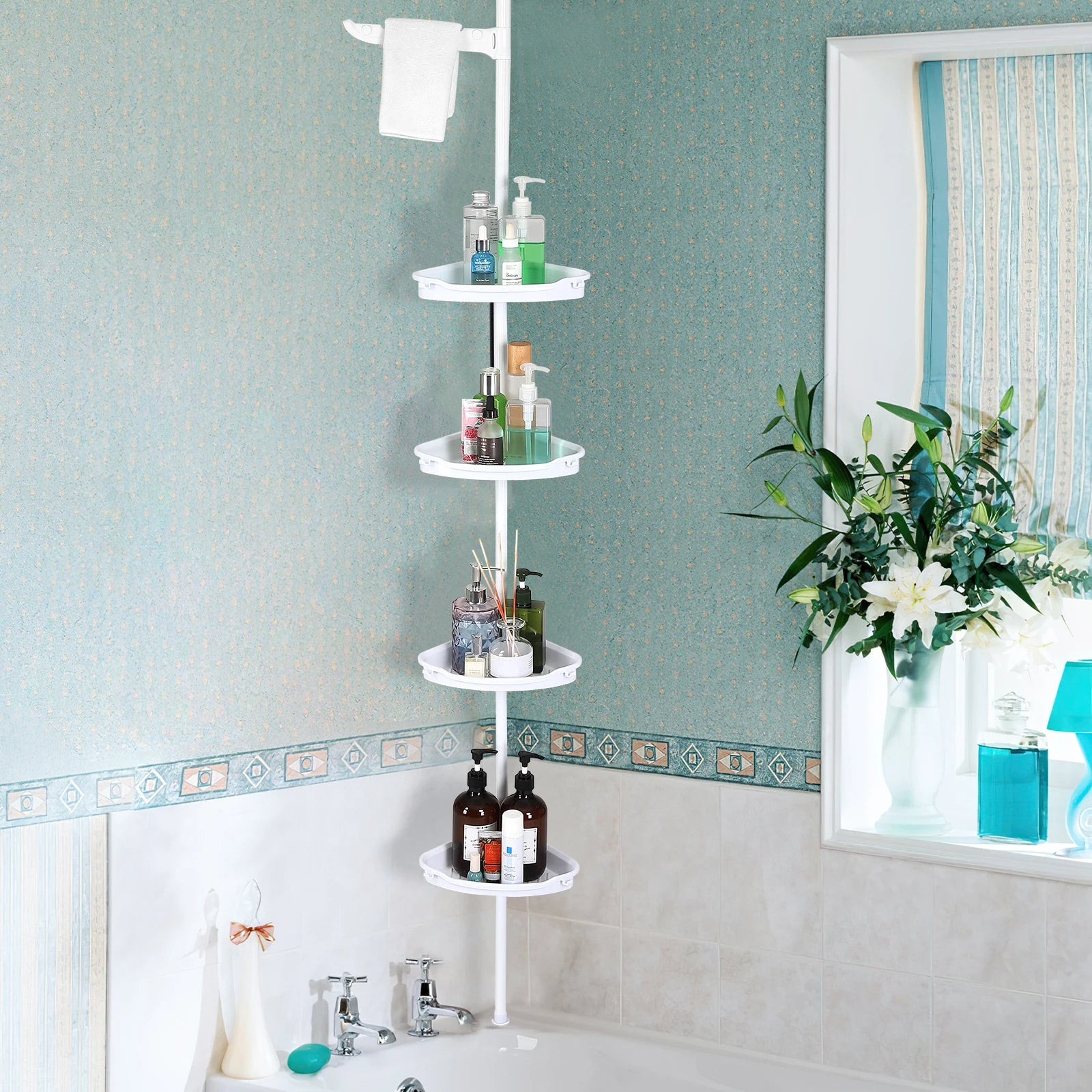 Corner Shower Caddy with 4-Tier Adjustable Shelves, 101.6 - 122 Inch H