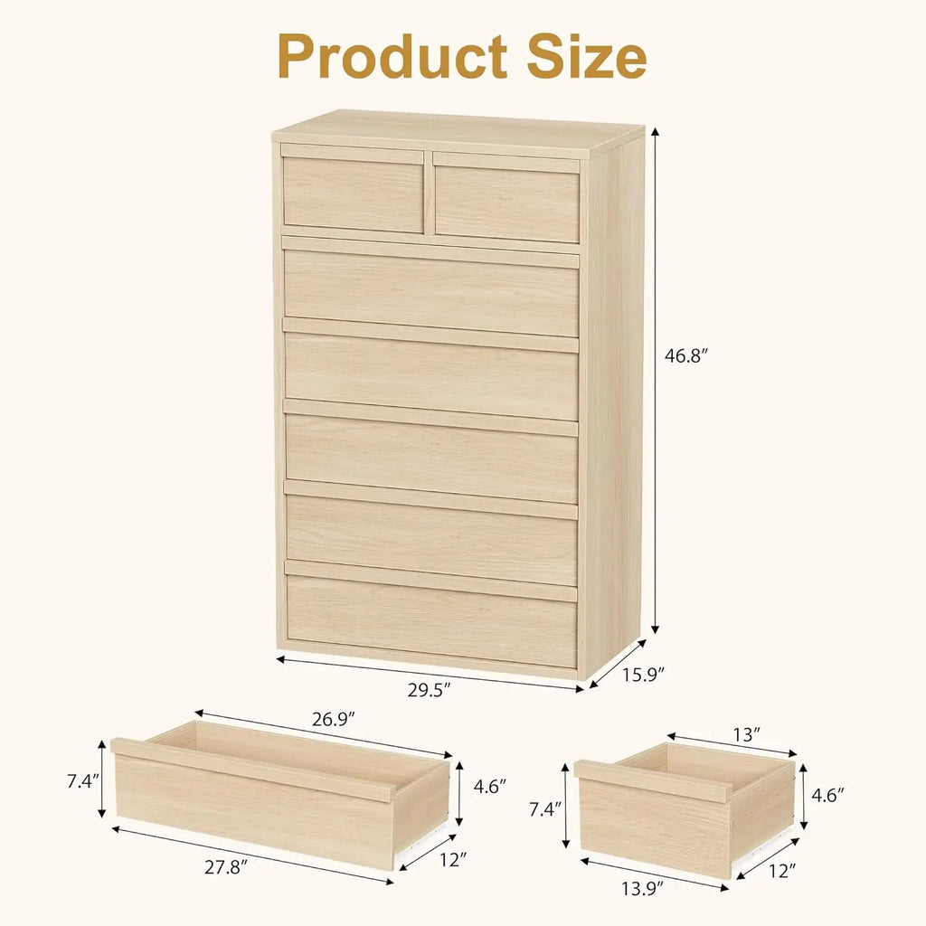 7 Drawer Dresser for Bedroom, 46 in Tall Natural Oak 7 Chest of Drawers with Large Storage for Living Room, Nursery, Entryway