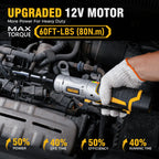 3/8" Cordless Ratchet Wrench Set, 60FT-LBS(80N.m) Electric Ratchet, 12V Set with Variable Speed, 6 Sockets, LED Light, 1/4" Adapter,1/2" Adapter,2 Batteries