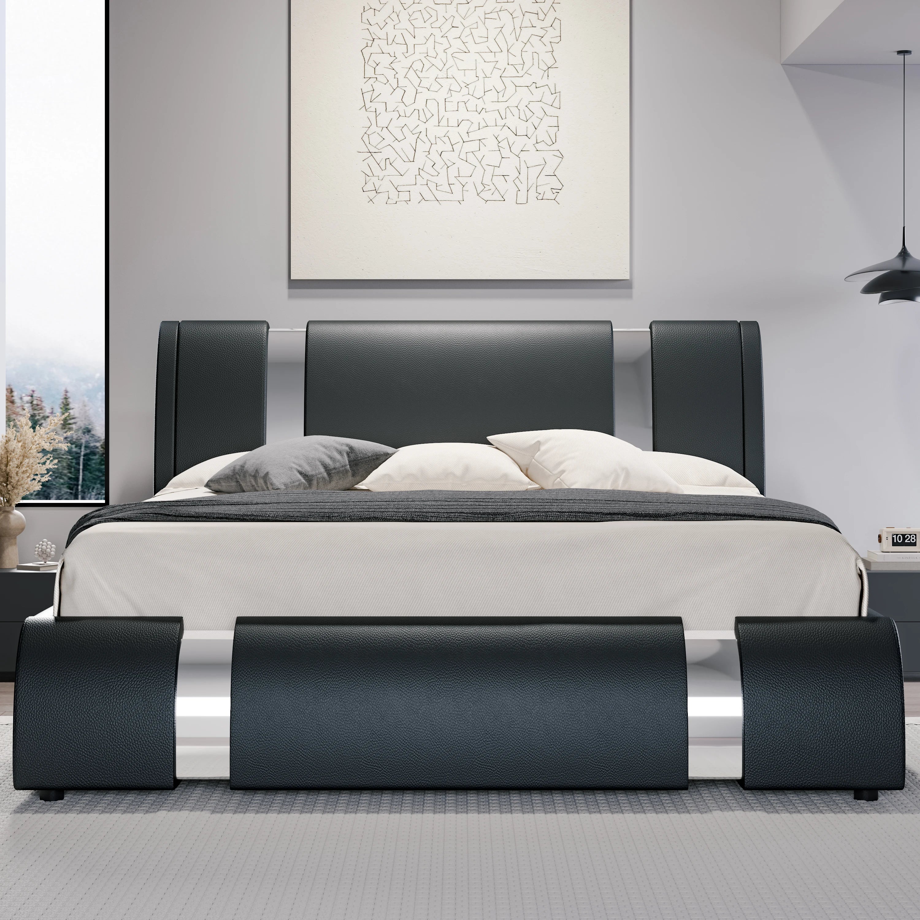 Modern Faux Leather Bed Frame with Iron Pieces Decor, Low Profile Platform Bed Adjustable Headboard