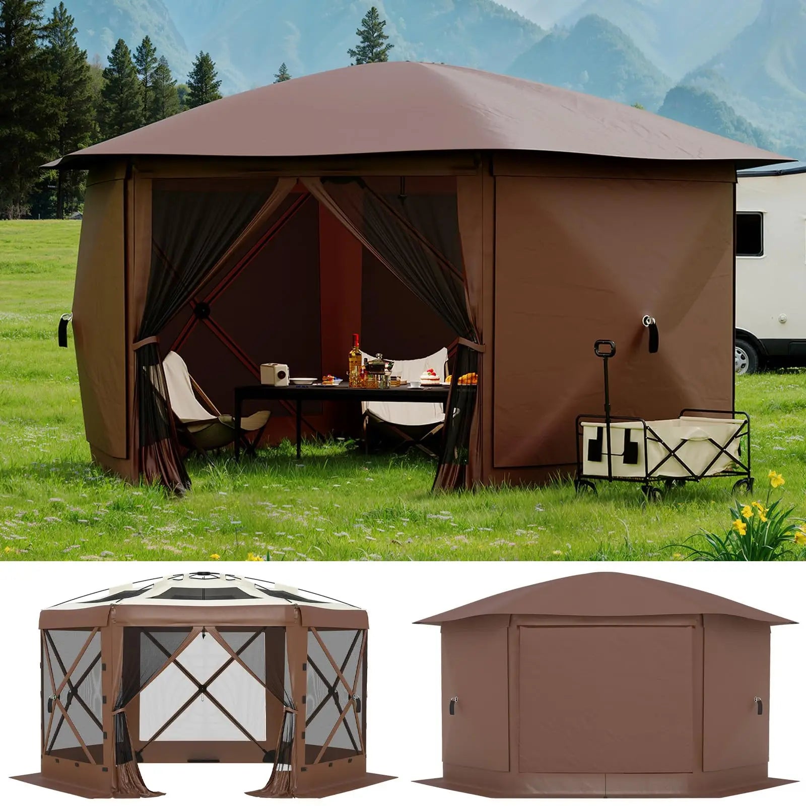 13FT Pop Up Gazebo 6-Sided Outdoor Canopy Tent With Mosquito Netting Removable Roof Wind Sidewalls
