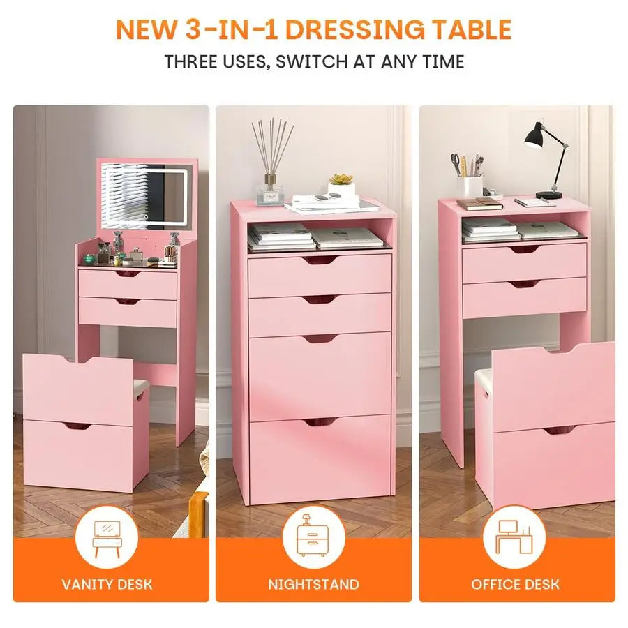 Compact Table with 3 Storage Drawers & Cushioned Stool