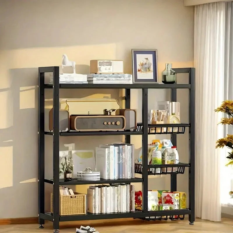 Multi-functional removable cabinet storage rack, 4 layers of black metal rack, multi-layer vegetable and fruit storage rack
