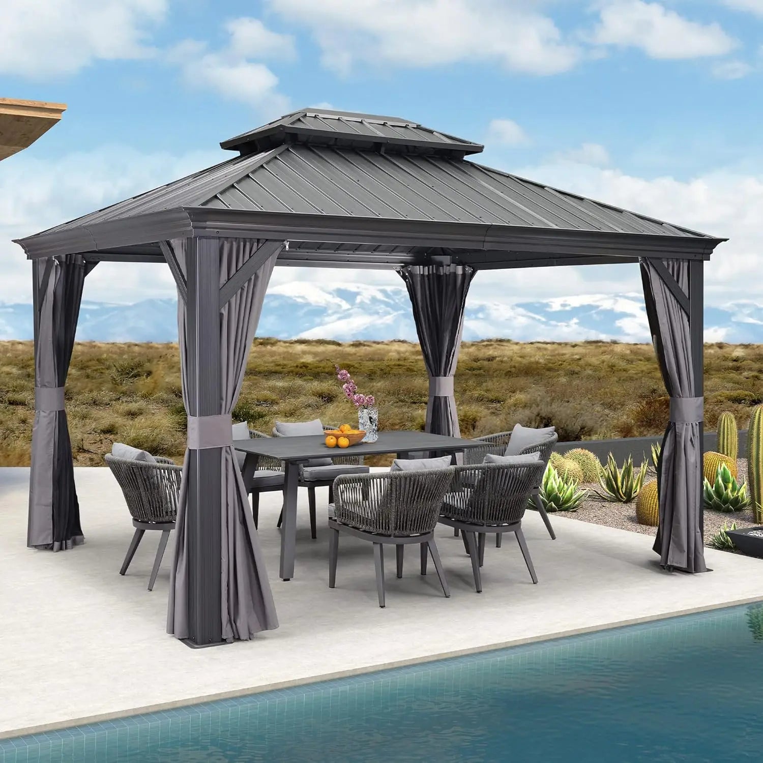 10' X 12' Permanent Hardtop Gazebo Aluminum Gazebo with Galvanized Steel Double Roof