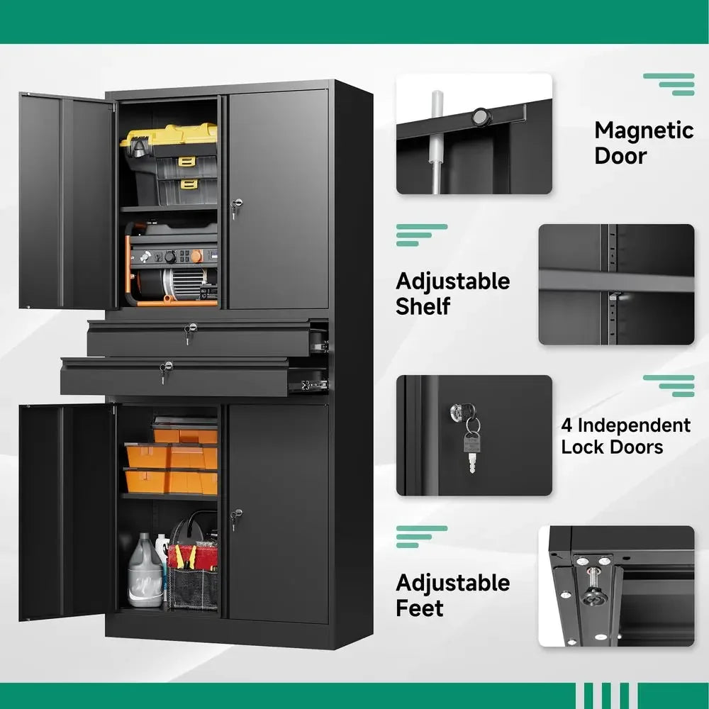 Metal Garage Storage Cabinet,71 Heavy Duty Steel Tool Cabinet with 4 Door LockAdjustable Shelves and 2 Drawer