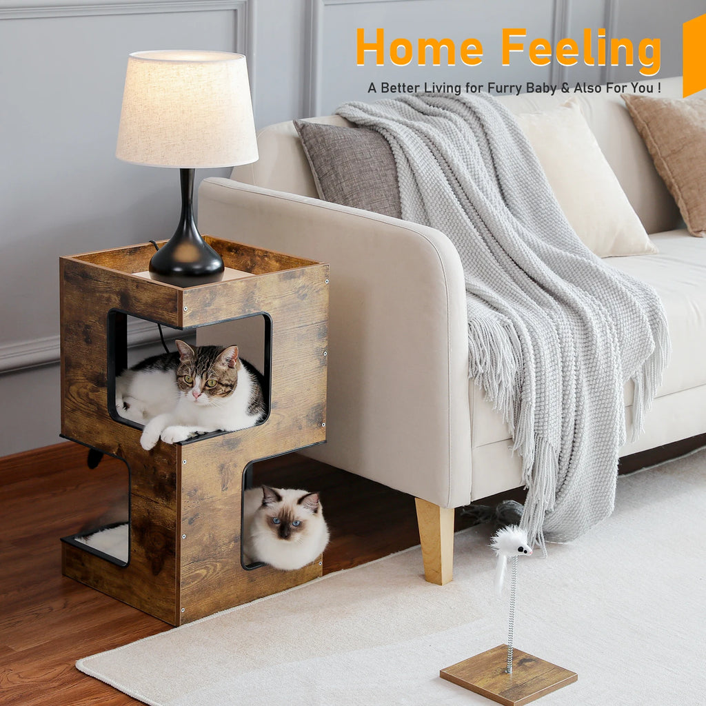 Wood Cat Condo House Bed with Removable Soft Mats, Scratching Pad